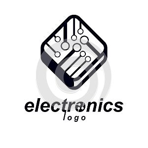 Vector microchip design, cpu. Information communication technology element, circuit board in square shape. Microprocessor scheme
