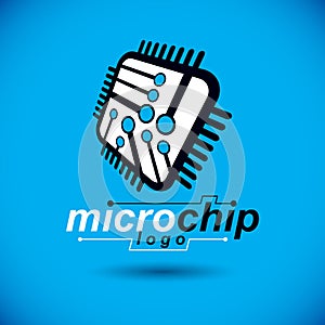 Vector microchip design, cpu. Information communication technology element, circuit board in square shape. Microprocessor scheme