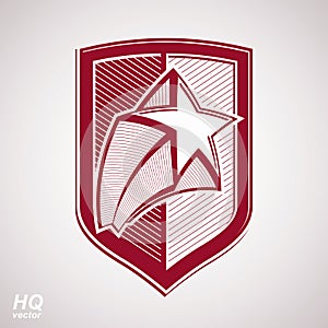 Vector military shield with pentagonal comet star, protection heraldic sheriff blazon.