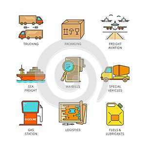 Vector minimal lineart flat freight icons set