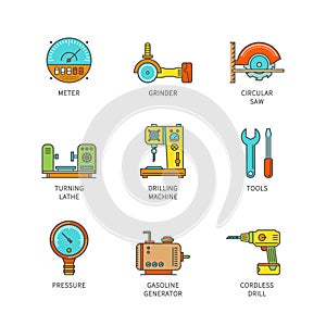 Vector minimal lineart flat industrial icons set