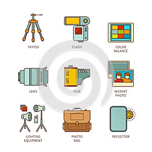 Vector minimal lineart flat photography icon set