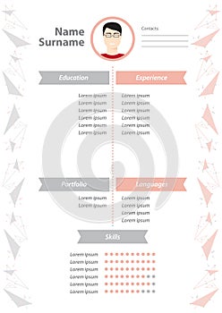 Vector minimalist cv / resume template. Men`s CV with infographic design. Stylish CV set for men.