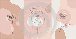Vector minimalist style portrait. Line flower, woman portrait. Hand drawn abstract feminine print. Use for social net