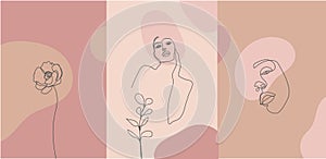 Vector minimalist style portrait. Line flower, woman portrait. Hand drawn abstract feminine print. Use for social net