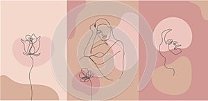 Vector minimalist style portrait. Line flower, woman portrait. Hand drawn abstract feminine print. Use for social net