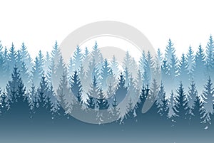 Vector misty forest landscape with detailed blue silhouettes of