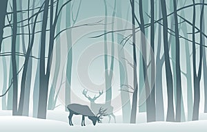 Vector misty winter landscape with silhouettes of trees and deer