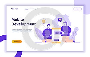 Vector mobile application or website development process with big modern flat line people illustration.