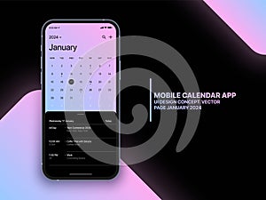 Vector Mobile Calendar App 2024 with To Do List and Tasks UI UX Design Concept