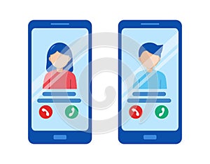 Vector mobile phone calling. Cell phone call button and avatar on the screen