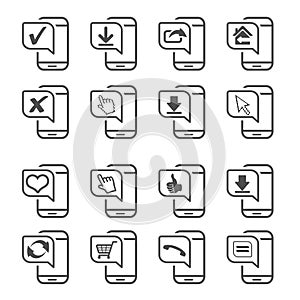 Vector mobile, smartphone. Communication icons of download, share. Line symbols with heart, like gesture, move hand, check mark ok