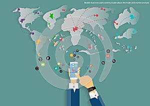 Vector mobile and travel the world map of business communication, trading, marketing and global business icon flat design