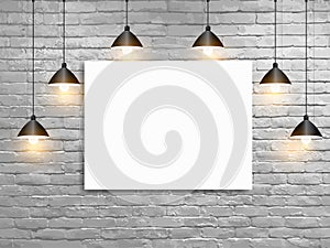 Vector Mock up poster with ceiling lamps white brick wall