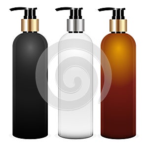 Vector Mock up set of package. Empty 3d white, black and brown plastic containers with pump for liquid soap, care cream, shampoo,