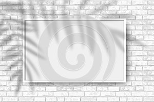 Vector Mockup with empty white horizontal poster with white frame on brick wall background and palm shadow overlay