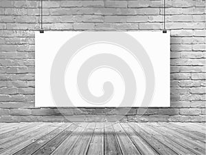 Vector mockup poster banner hanging on white brick wall room