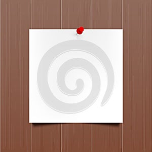 Vector mockup. Sheet of paper with a pin hanging on a brown wooden wall. Empty blank. Wood texture with vertical stripes