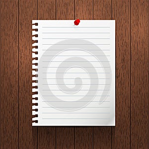 Vector mockup. Sheet of paper with a pin hanging on a brown wooden wall.