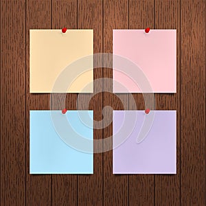 Vector mockup. Sheets of color paper with a red push pins hanging on a brown wooden wall. Empty blanks, notes.