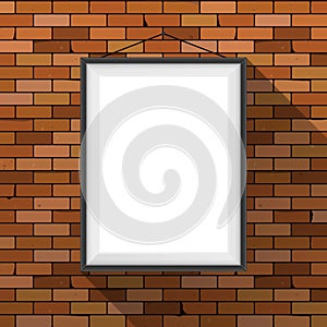 Vector mockup. White poster with black frame hanging on a dark red brick wall. Empty blank. Grunge brickwork background