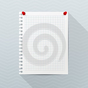 Vector mockup. White sheet of notebook paper with red push pins hanging on a gray office wall. Empty rectangular blank.