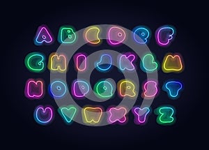 Vector modern acid neon fluid font. Alphabet. Bright blue, green, pink, purple gradient glowing letters with fluid shapes isolated