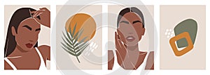 Vector modern art posters with female body, woman face portrait, contemporary shapes, tropical leaf, abstract elements