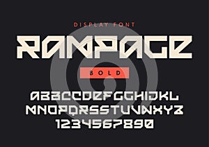 Vector modern bold display font named Rampage, blocky typeface,