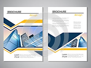 Vector modern brochure, abstract flyer with background of buildings. City scene. Layout template. For A4 size. Poster of blue, yel