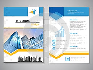 Vector modern brochure, abstract flyer with background of buildings. City scene. Layout template. For A4 size. Poster of blue, yel