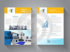 Vector modern brochure, abstract flyer with background of buildings. Modern house. City scene. Layout template. Poster of blue, ye