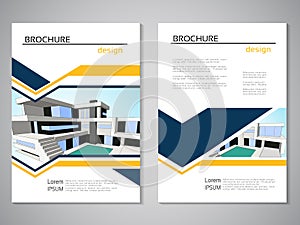 Vector modern brochure, abstract flyer with background of buildings. Modern house. City scene. Layout template. Poster of blue, ye