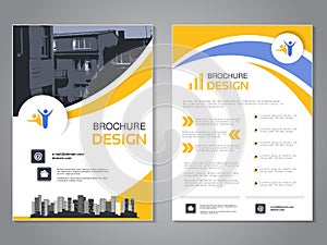 Vector modern brochure design, abstract flyer with background of houses. Layout template with city. blue, yellow and white.