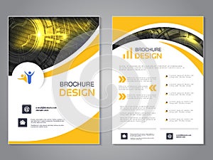Vector modern brochure with wave design, abstract flyer with technology background. Layout template. Poster of black, yellow and w photo