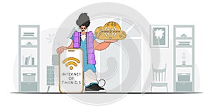 Vector modern character holding a cloud storage device in her hands.