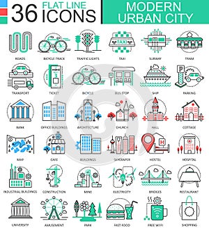 Vector Modern city color flat line outline icons for apps and web design. Urban city elements.