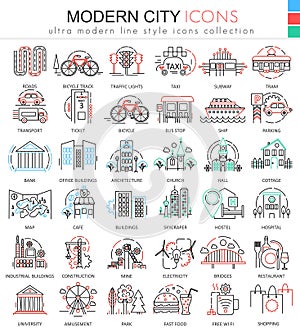 Vector Modern city color flat line outline icons for apps and web design. Urban smart city elements icons.