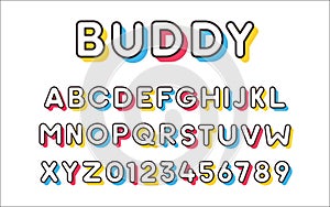 Vector modern cool bold font with colorful trendy shadows. Alphabet and numbers set