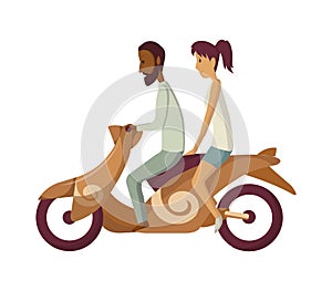 Vector modern creative flat design illustration featuring young man commuting on retro scooter. Man riding classic