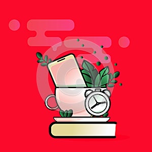 Vector modern creative flat design office work desk, clock, cup, phone