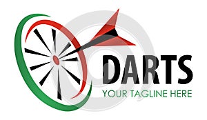 Vector modern darts game label. Creative sporting symbol. Darts, dartboard, ribbon for leisure design.  Hobby concept