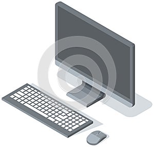 Vector modern desktop computer with blank gray widescreen monitor, wireless keyboard and mouse