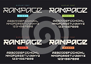 Vector modern display font named Rampage. Light, regular, bold a