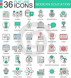 Vector Modern education color flat line outline icons for apps and web design. Internet education icons.