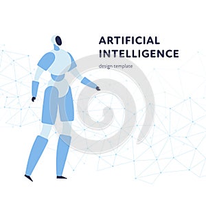 Vector modern flat artificial intelligence banner template. Blue robot character on low poly background isolated on white. Design