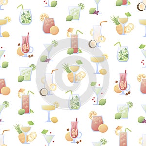 Vector modern flat cocktail seamless pattern illustration. Set of color alcoholic cocktails in glasses icons isolated on white
