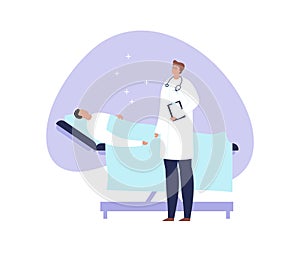 Vector modern flat doctor and patient illustration. Medic talking with laying male on the hospital bed on blue liquid shape