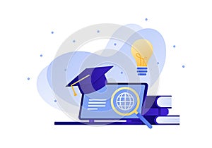 Vector modern flat education illustration. Book on laptop light bulb, books, master hat. Concept of online training, university,