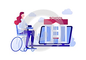 Vector modern flat education illustration. Disabled woman sitting in wheelchair with book. Concept of online learning, university